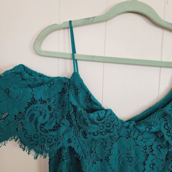 Ralph Lauren Lace Ruffle Off Cold Shoulder Dress Emerald Green Knee Length Party - Picture 8 of 14